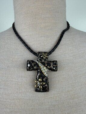Multi-Tone Rhinestone Cross Pendant Necklace Black Leather Cord 16.5 - 19.5"